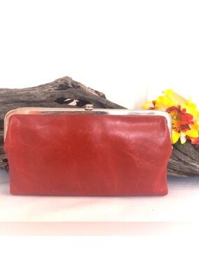 HOBO ~ Long Rust Color Leather Wallet w/Snap & Magnetic Closures Floral Interior